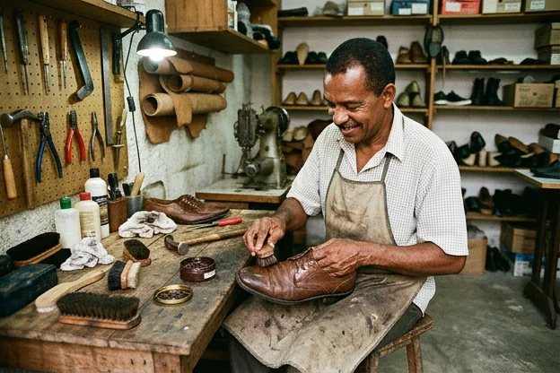 Sapateiro aplicando cuidados para conservação de sapatos.