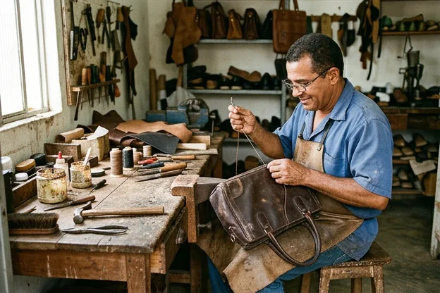 Sapateiro reformando uma bolsa de couro.