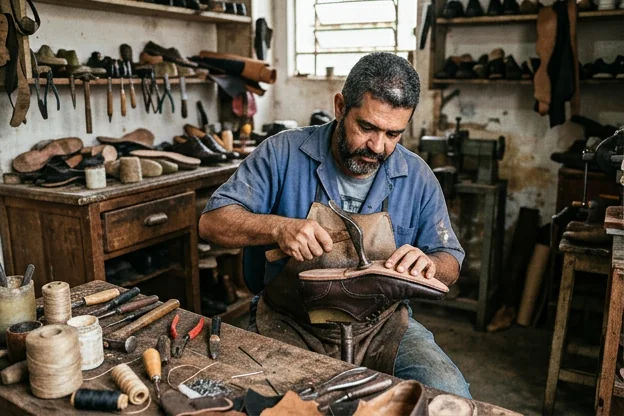 Sapateiro realizando reforma em sapato social masculino.