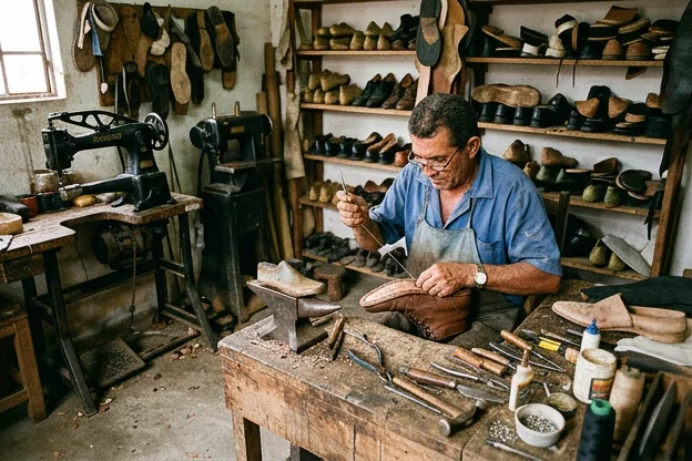 Sapateiro utilizando ferramentas para realizar conserto de calçado em Vitória de Santo Antão.