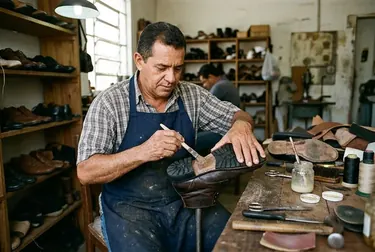 Sapateiro colando a sola de um calçado.