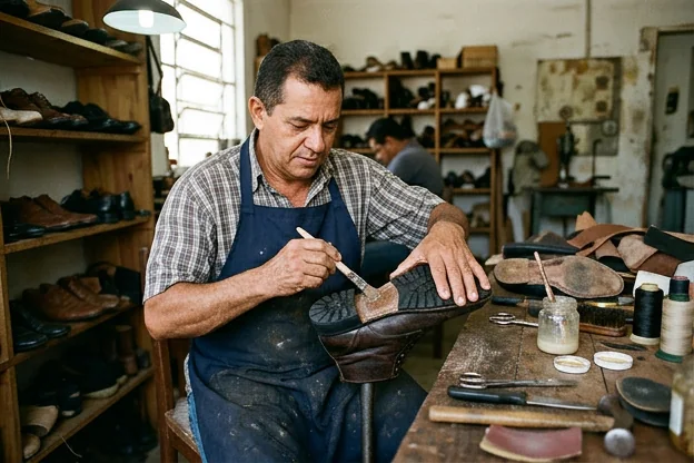 Sapateiro colando a sola de um calçado.