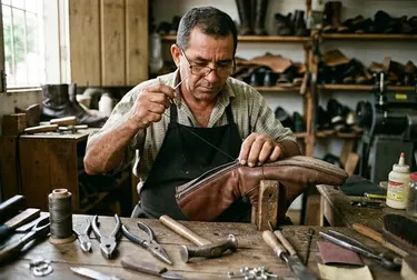 Sapateiro consertando o zíper de uma bota.