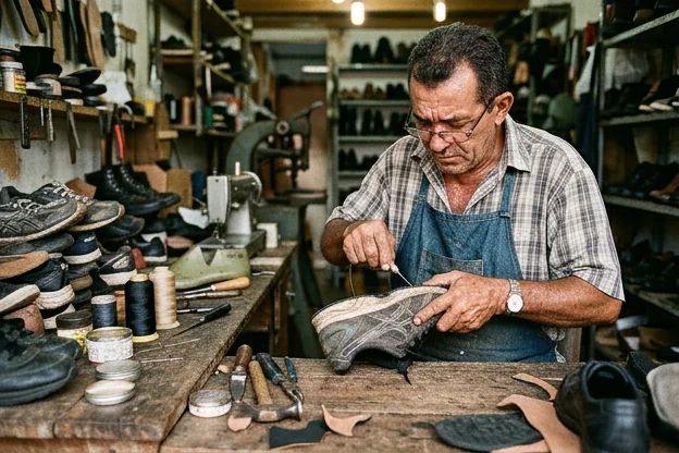 Sapateiro realizando reparo em um par de tênis.